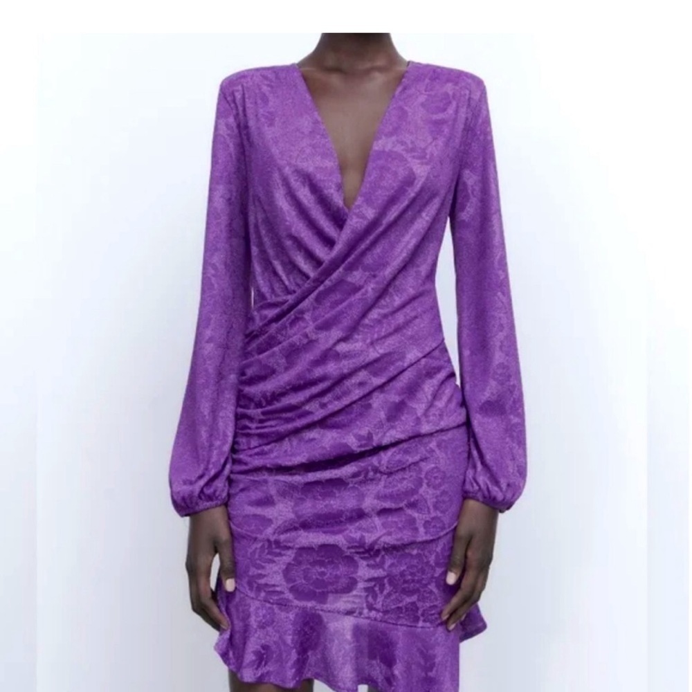 Zara purple jacquard ruffle frill draped ruched long sleeve wrap dress Sz M NWT - Picture 2 of 10